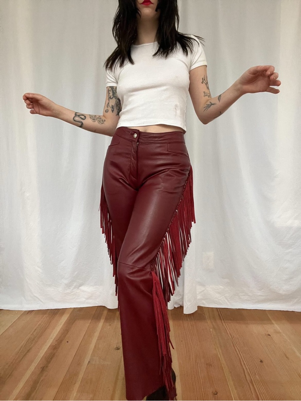 Fringe Side Faux Leather Pants - Burgundy